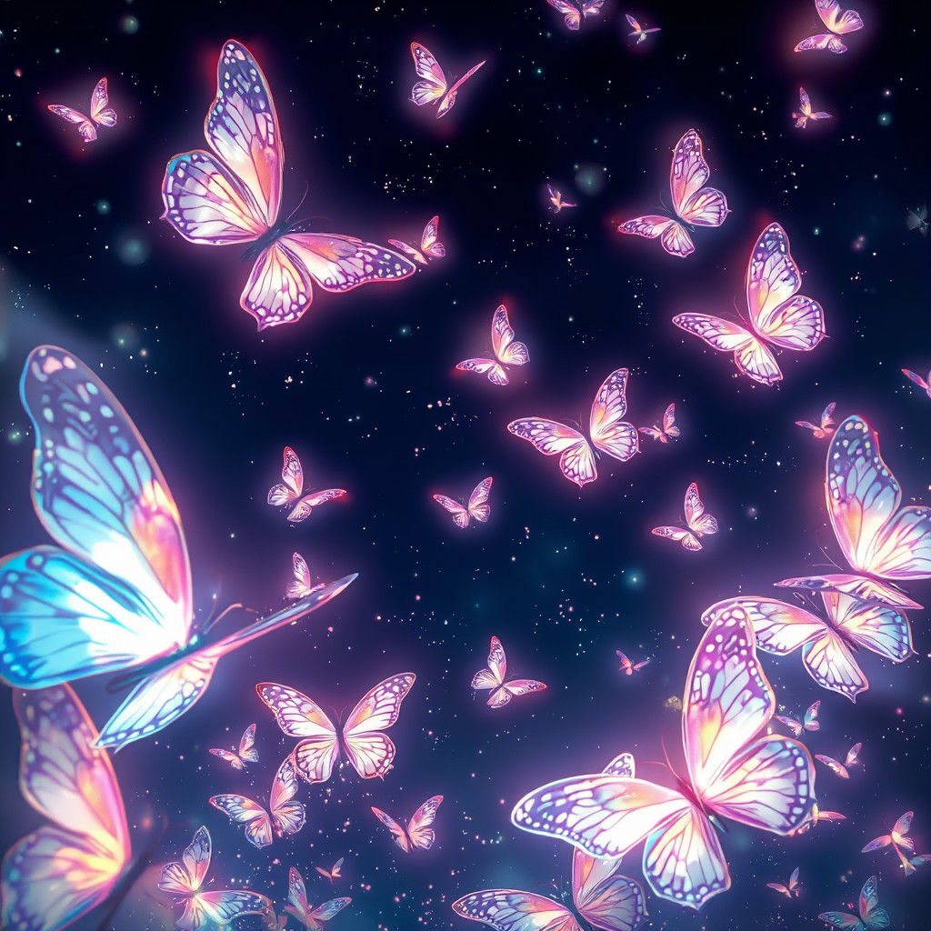 Iridescent Butterflies Swarm in Sci-Fi Night Sky