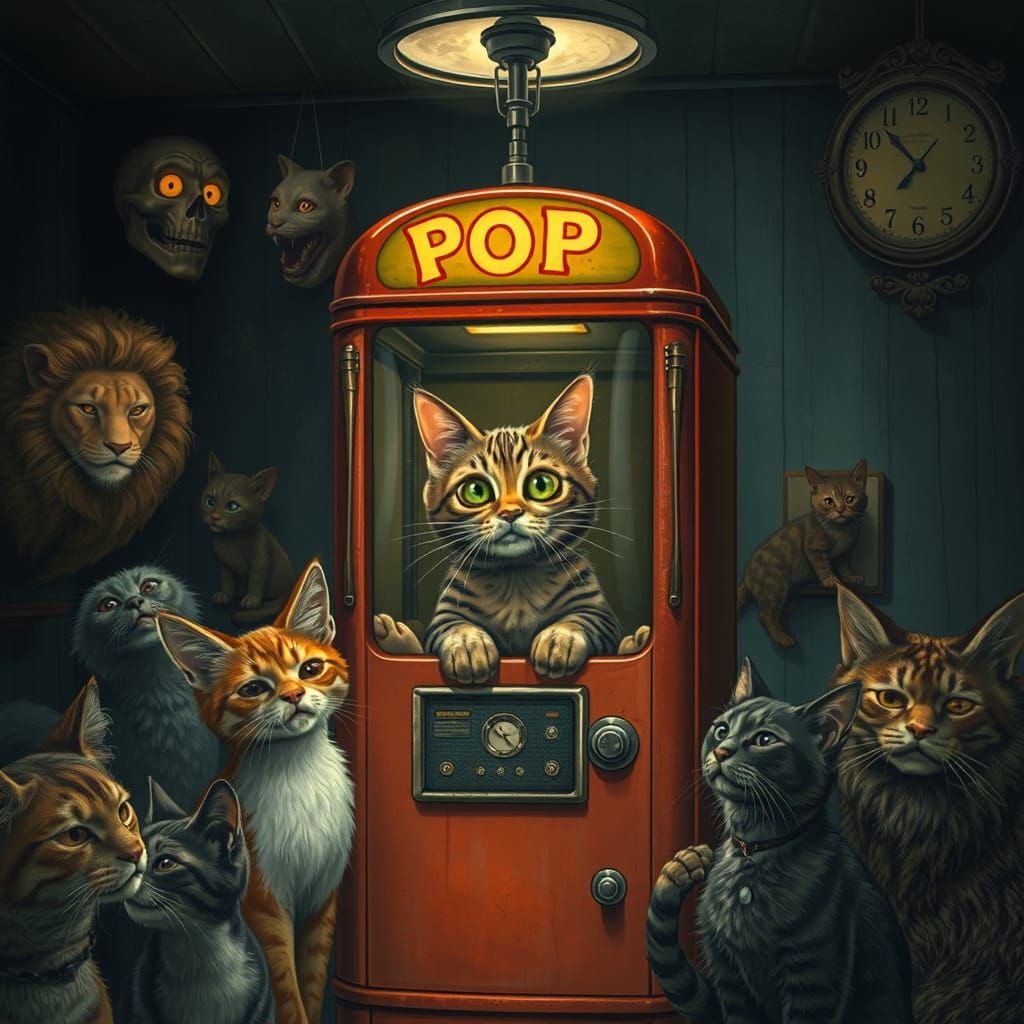 Feline hope machine + cat inside pop machine + hospital with cats + October horror movie + creepy lion doctor + priest c...