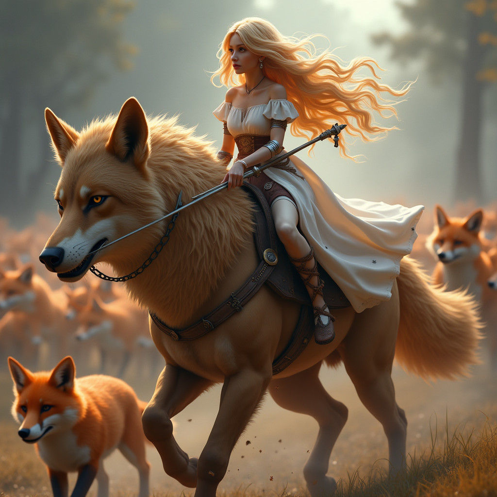 Warrior Goddess Leading Fox Horde in Fantasy Art