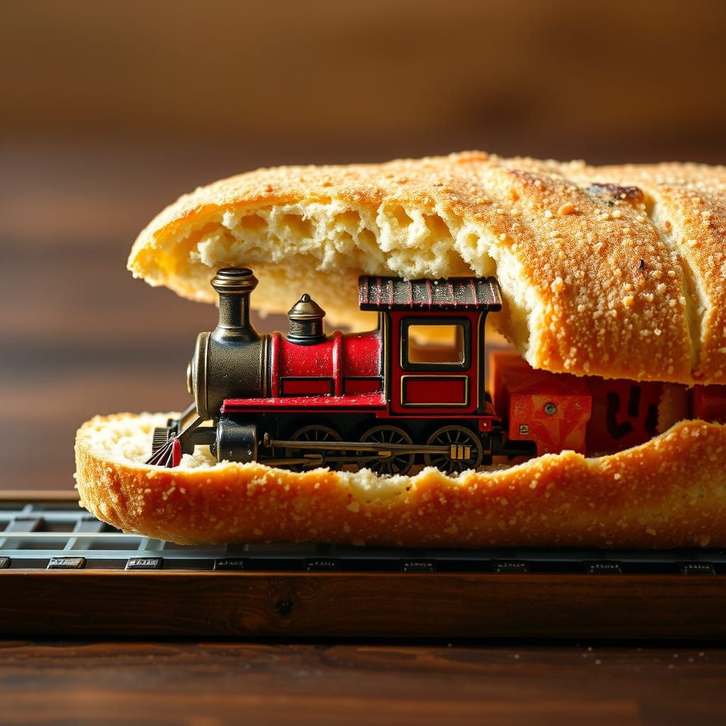 Mysterious Miniature Train Inside a Freshly Baked Baguette
