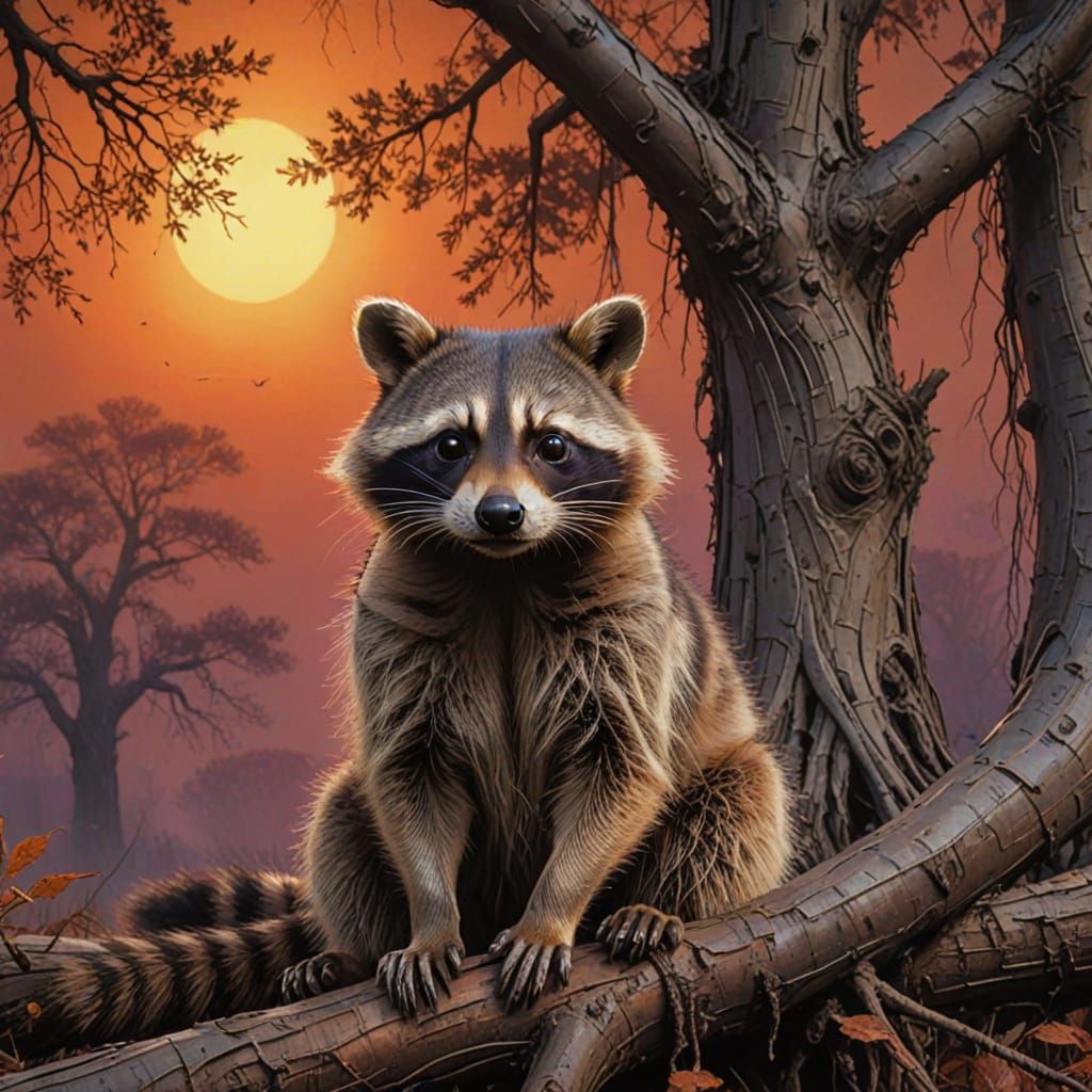 Majestic Raccoon in Grungy Ink Smudged Willow Tree Landscape