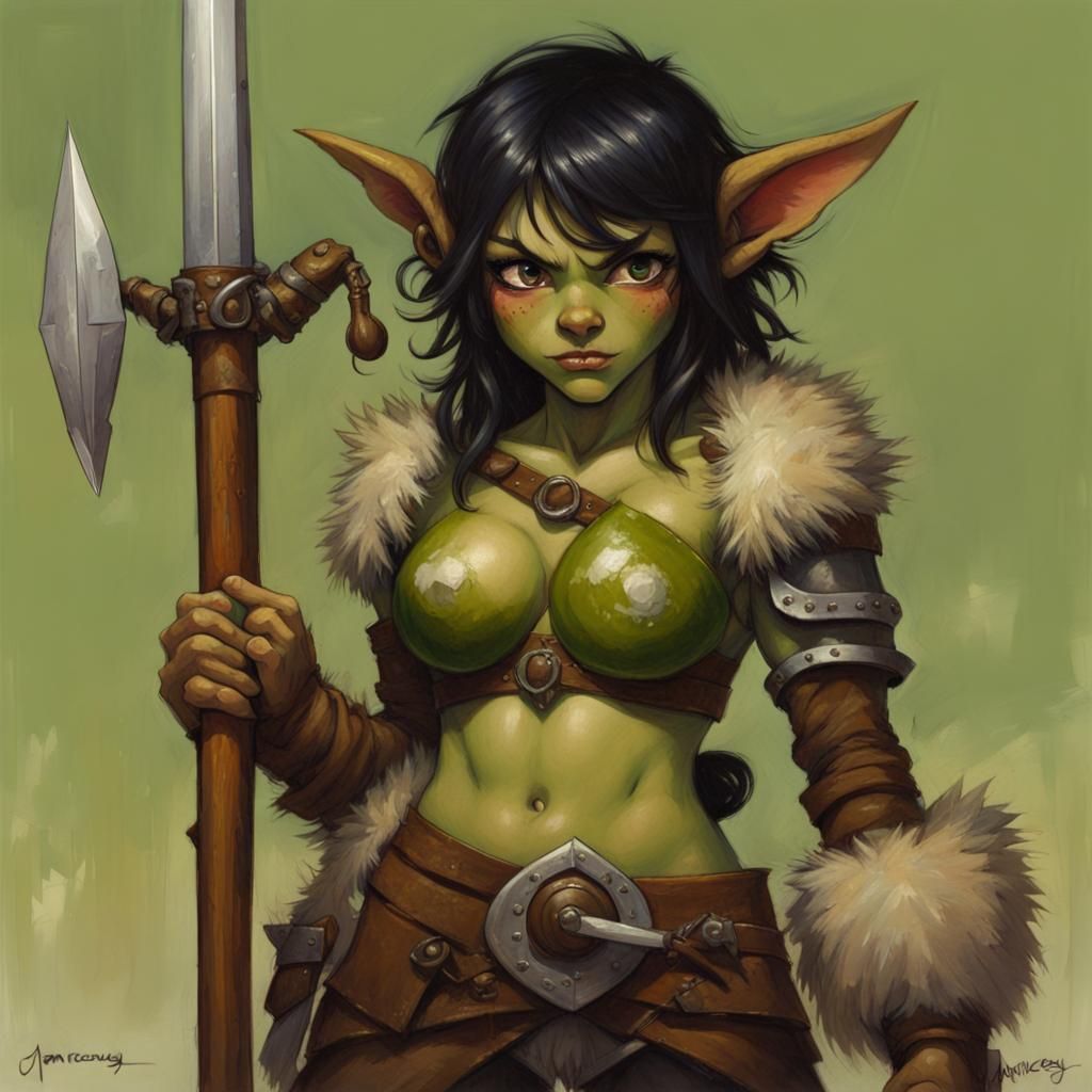 Anime Goblin Girl Barbarian with Mace, Oil Painting