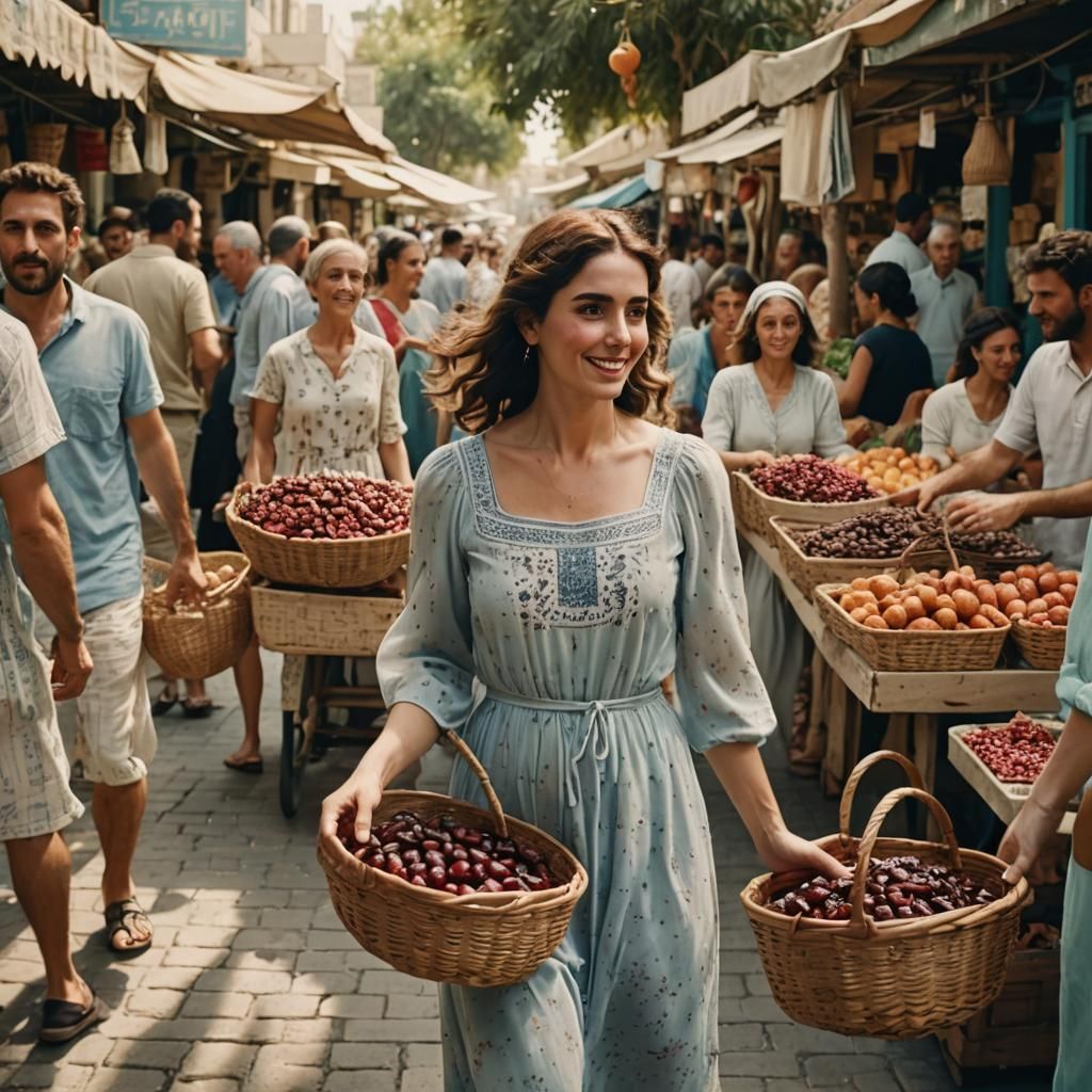 Woman with Pomegranates in Bustling Tel Aviv Market