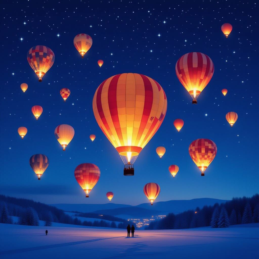 Photorealistic Hot Air Balloons Glow at Night