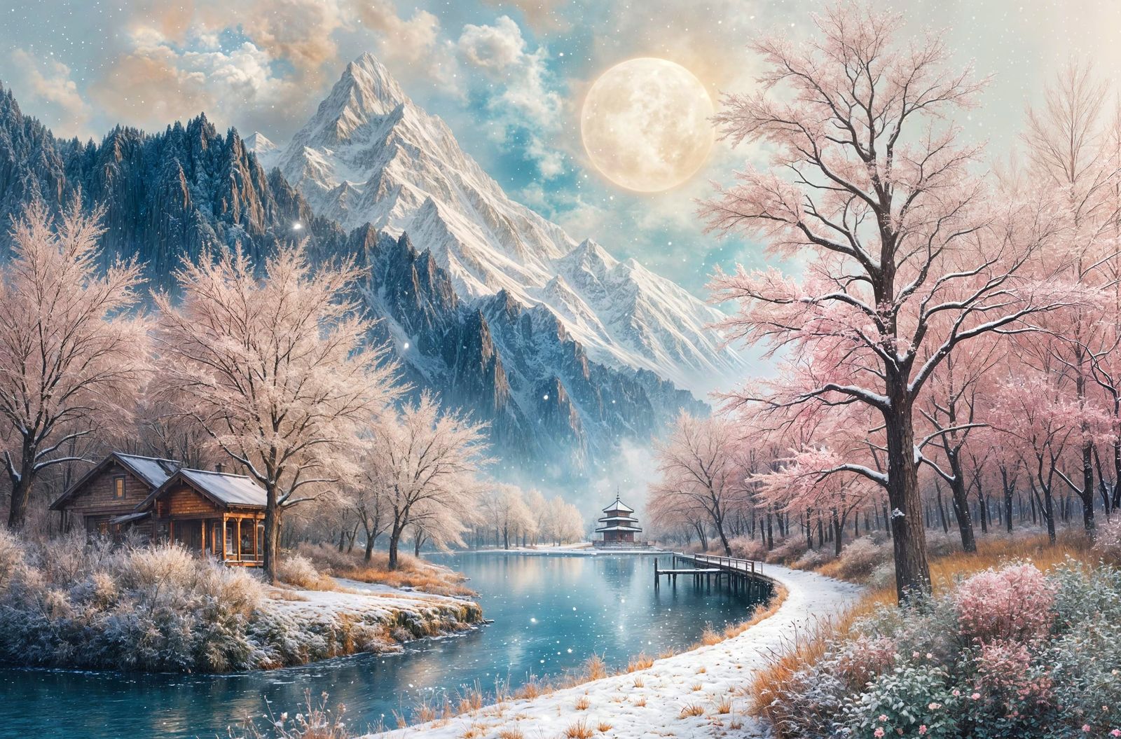 Ethereal Almond Blossoms and Snowy Peaks