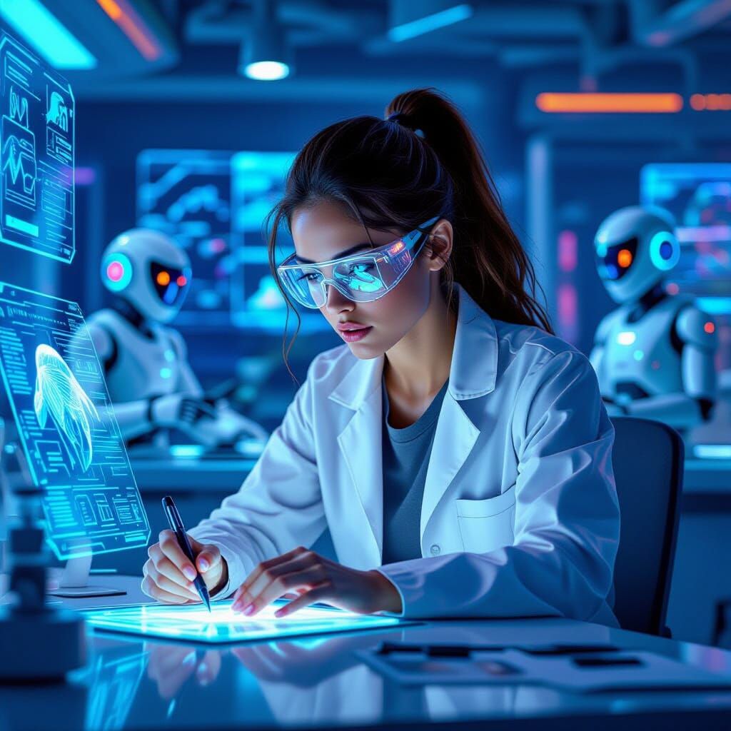 Woman Saves Animals in Futuristic Lab, in Digital Art Style