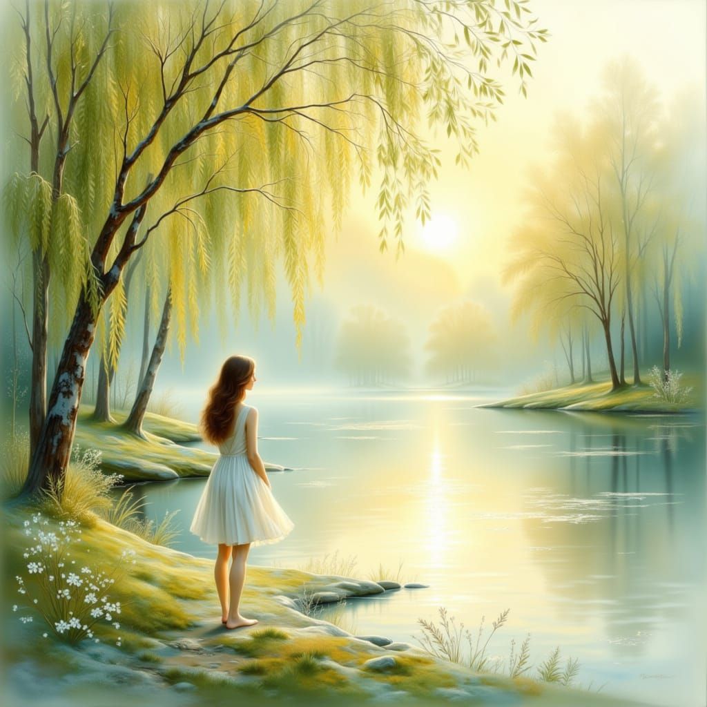 Luminous Spring Lakeside Sunrise in Pastel Pointillism