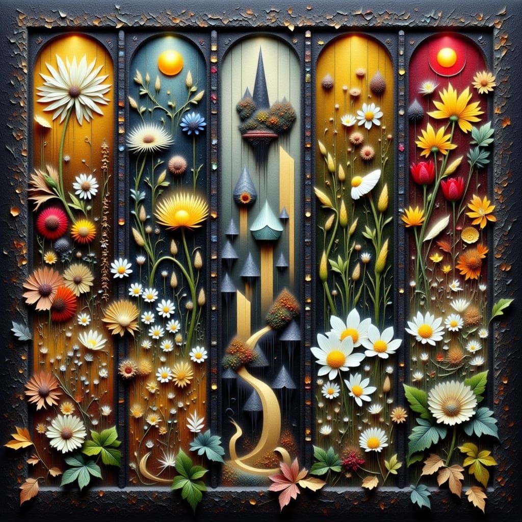 Ancient Mystical Four-Panel Artwork on Weathered Stone Wall