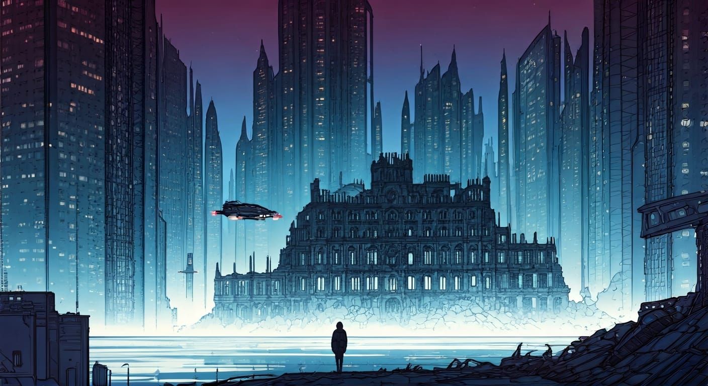 Cyberpunk Cityscape with Ruined Stately Home