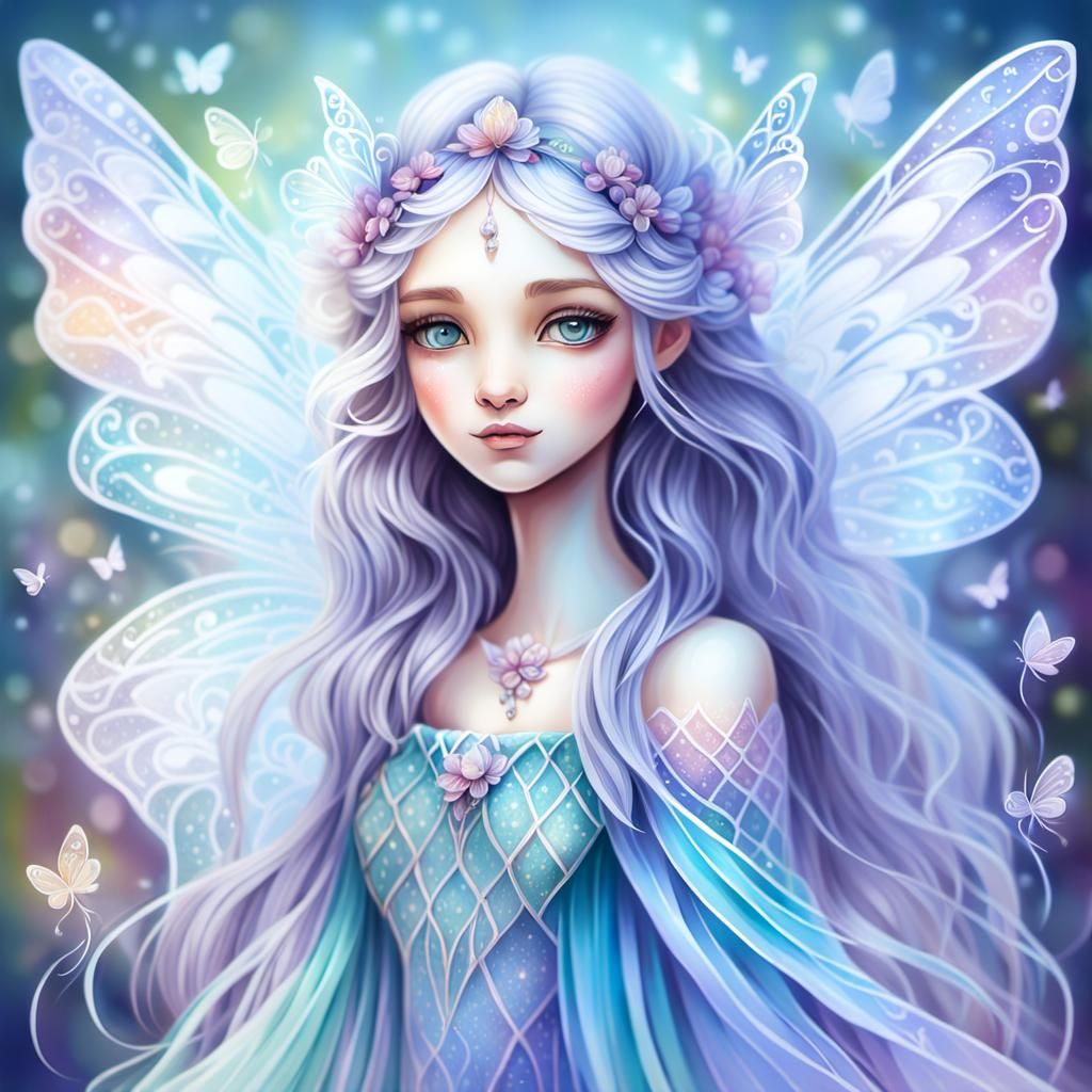 Prismatic Fairy with Delicate Features in Pastel Hues