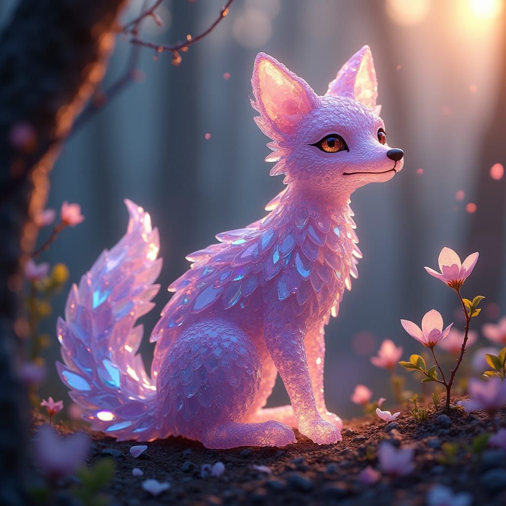 Hyperrealistic Crystal Fox in a Fantastical Forest