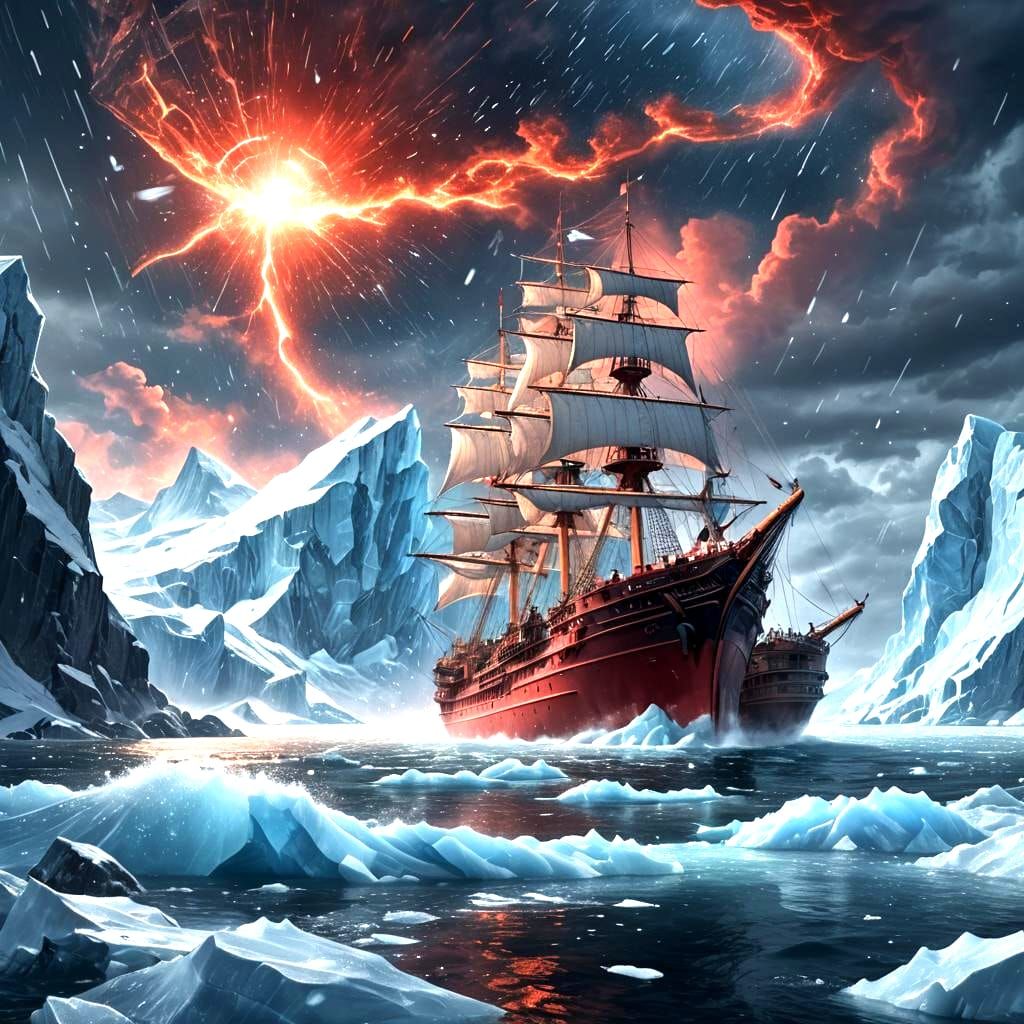 Icy Blue Ocean Scene with Red Ship