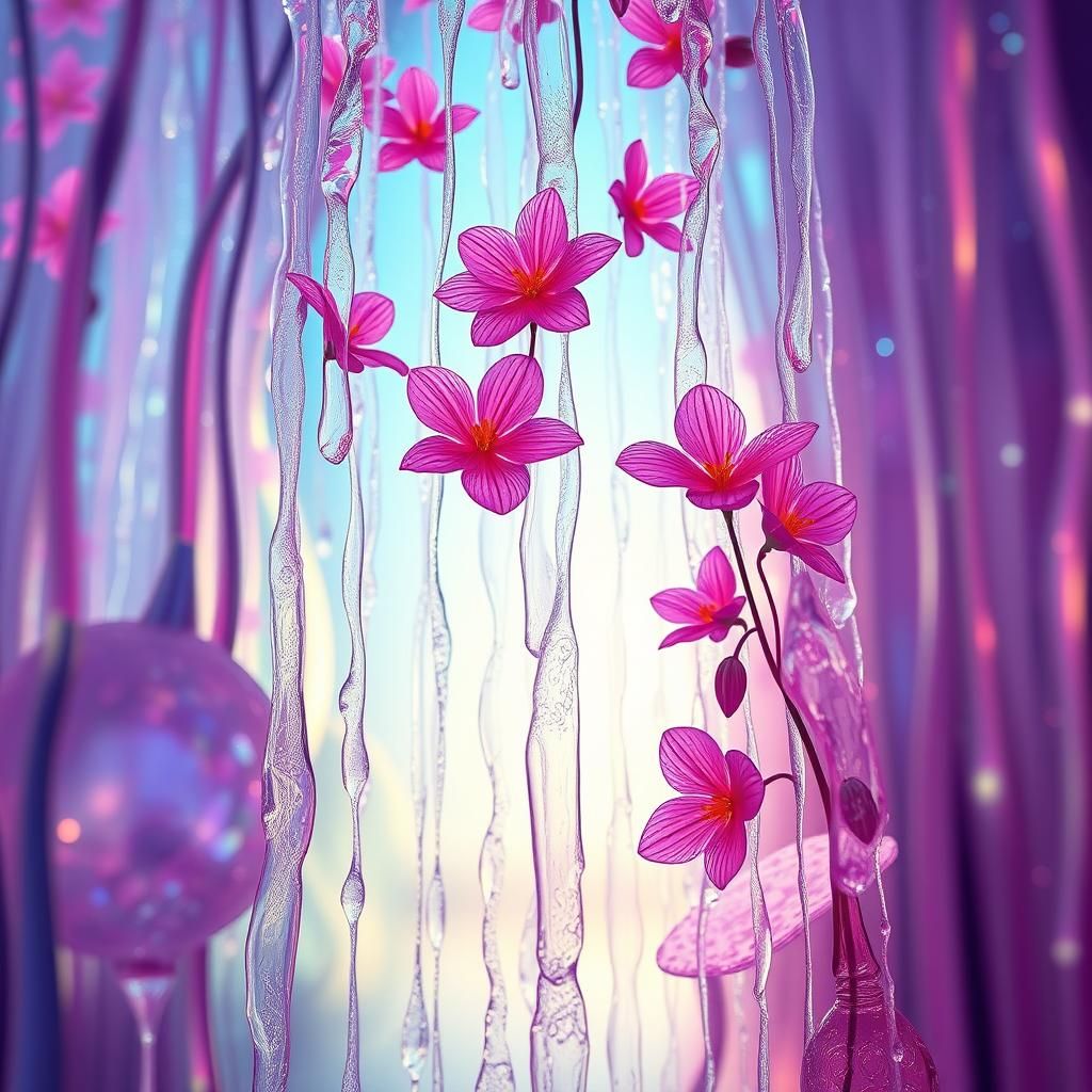 Glass Flowers Floating by Waterfall in Dreamy Digital Art