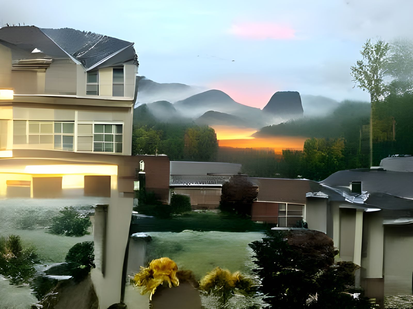 Misty Mountains at Sunrise: A Tranquil Landscape
