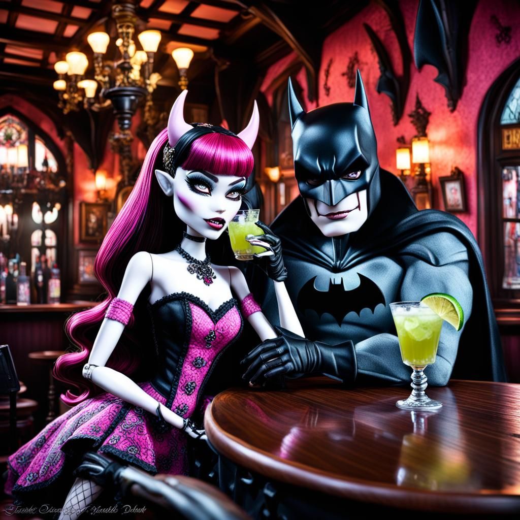 monster high draculaura drinking tequila and lime with batman in a gothic pub