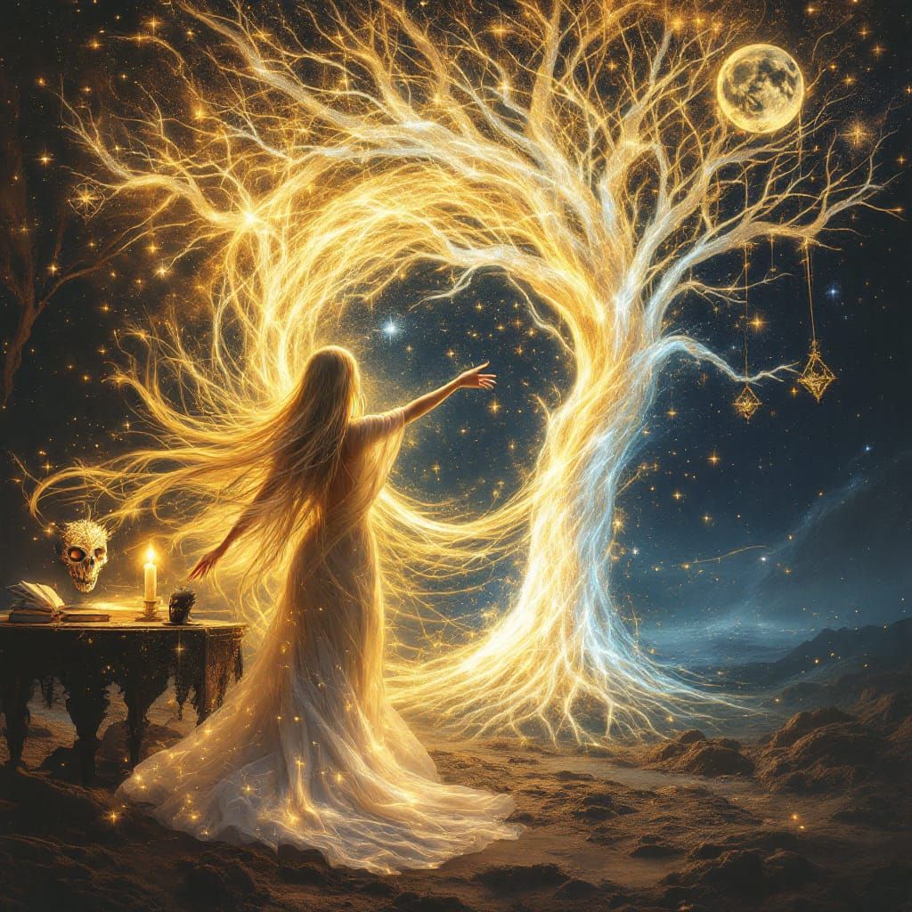 Ethereal Woman Battles Darkness in Cosmic Light