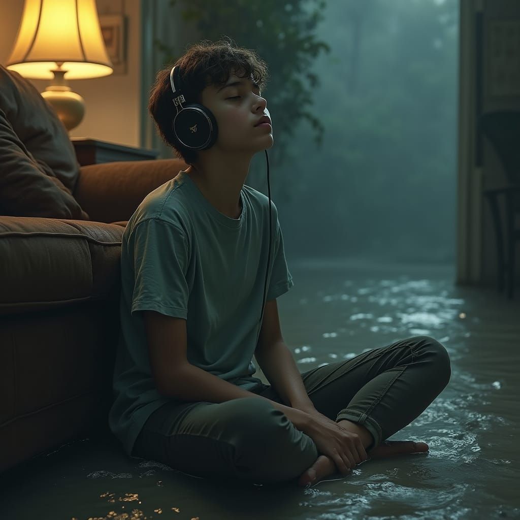 Young Adult Lost in Melody Amidst Hurricane