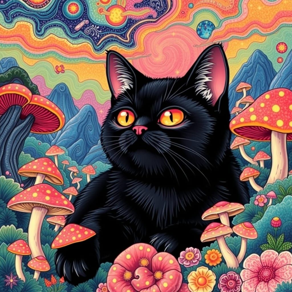 Psychedelic Munch Cat in an Asian Landscape