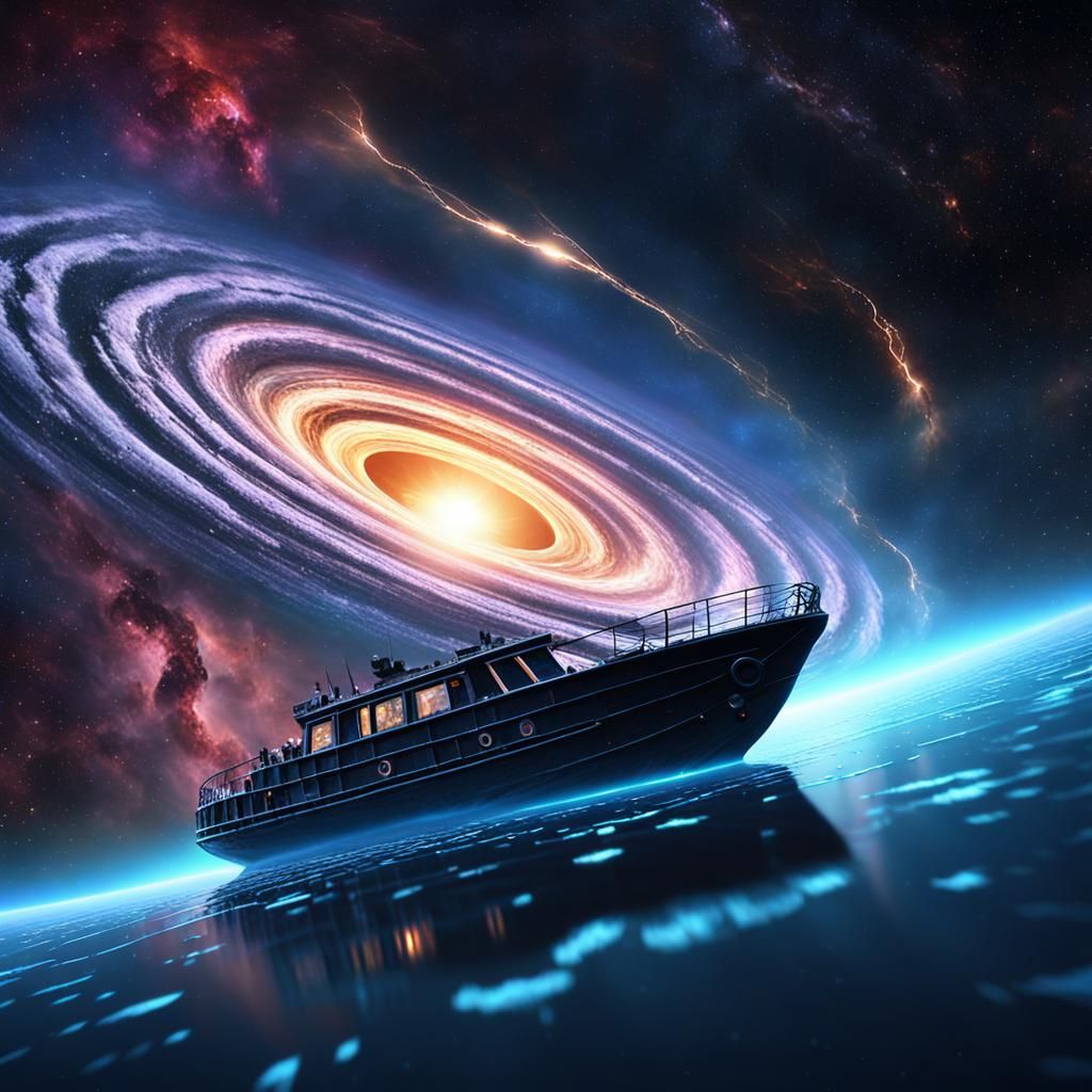 Time Traveler Boat Near Black Hole in Digital Art
