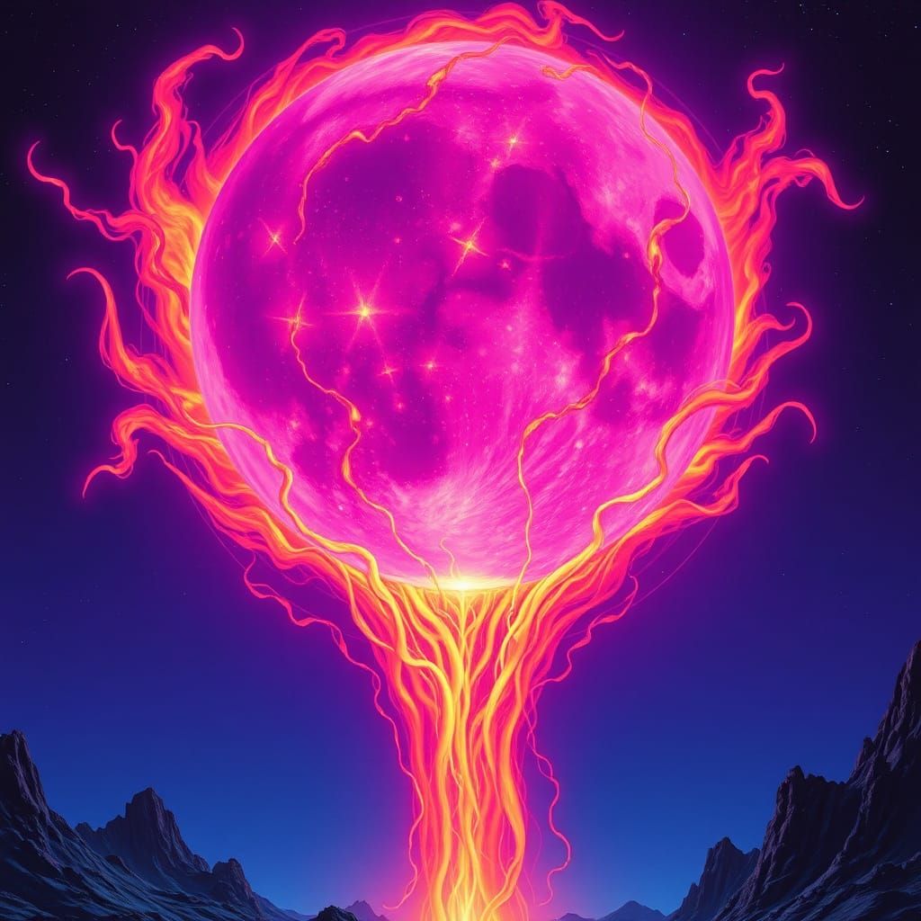 Flaming Purple Moon in a Surrealist Landscape