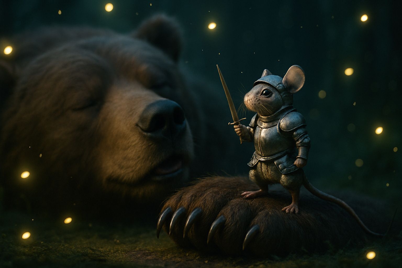 Mouse Knight Guards Sleeping Bear in Moonlit Forest