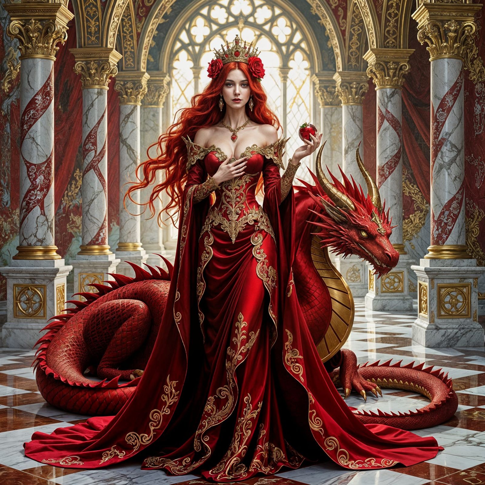 Gothic Woman and Dragon in Ruby Red and Gold Room