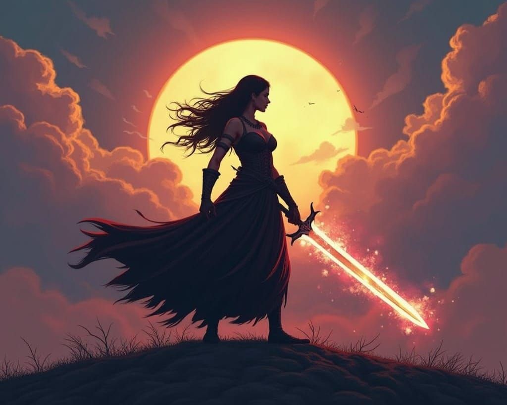 Warrior Sorceress with Glowing Magic Sword Silhouette