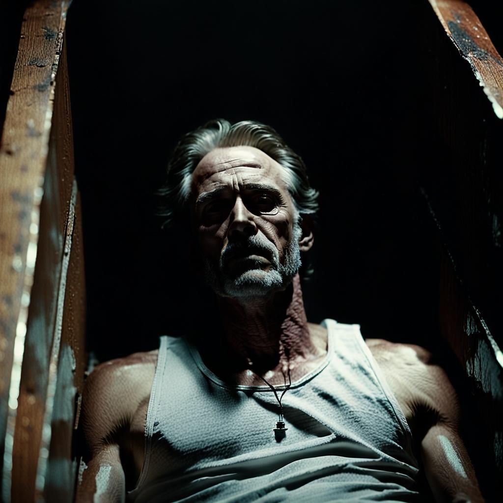 Moody Cinematic Still: Man in Coffin