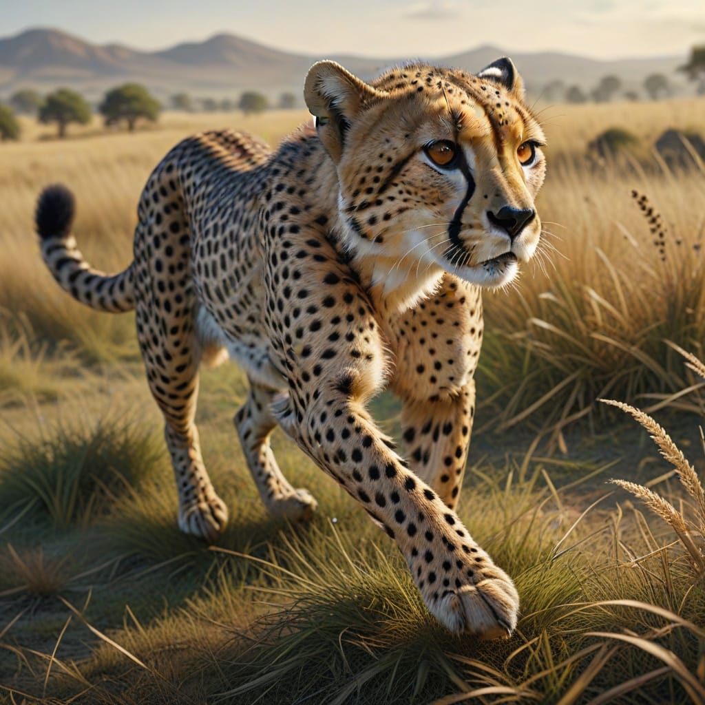 Hyper Realistic Cheetah Running Across Serene Grasslands