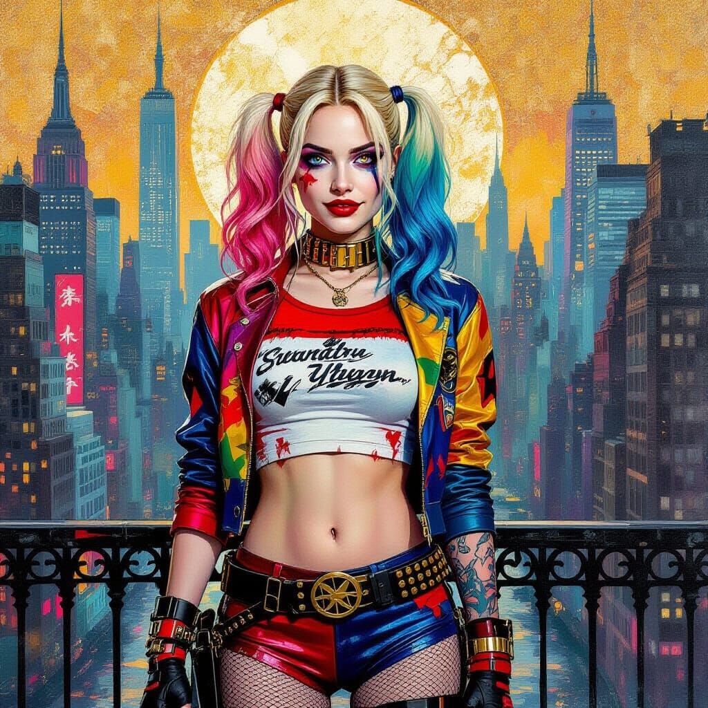 Harley Quinn in Cyberpunk Hippie Style Oil Painting
