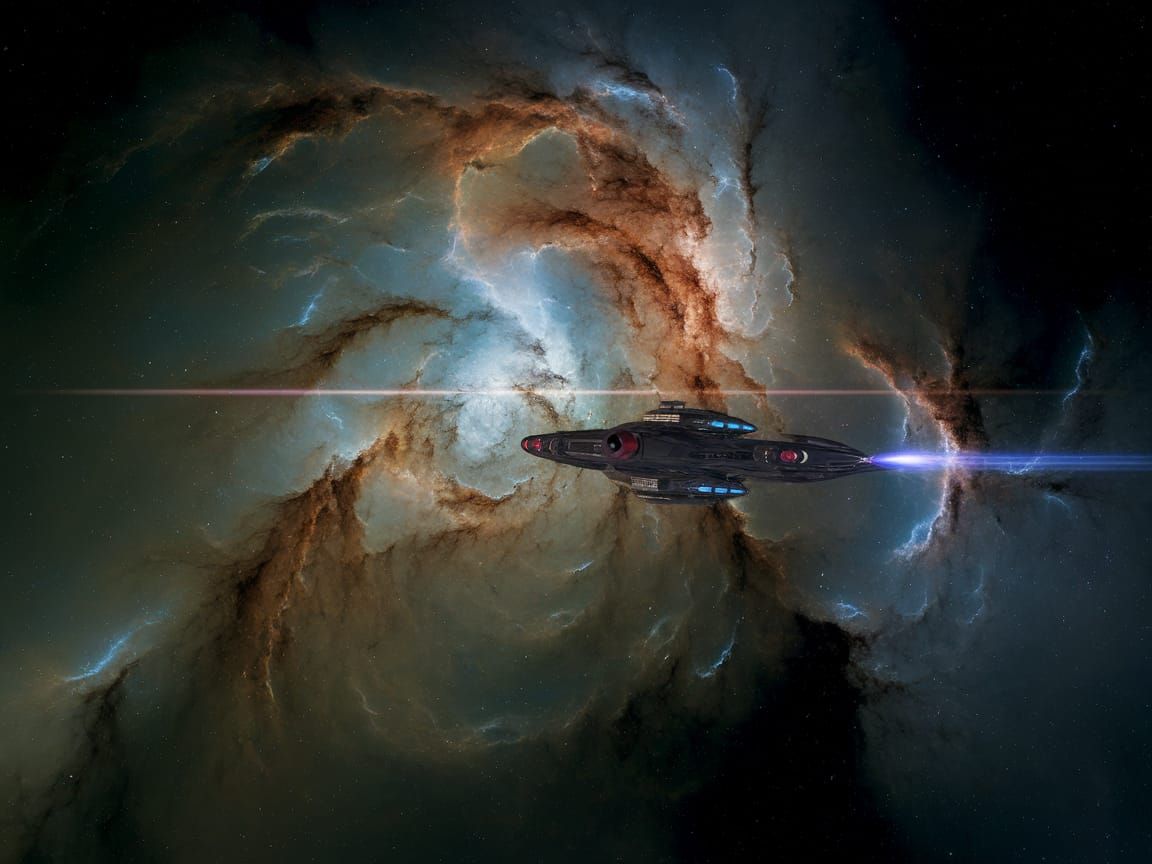 Art Nouveau Spaceship Flies Through Bright Nebula