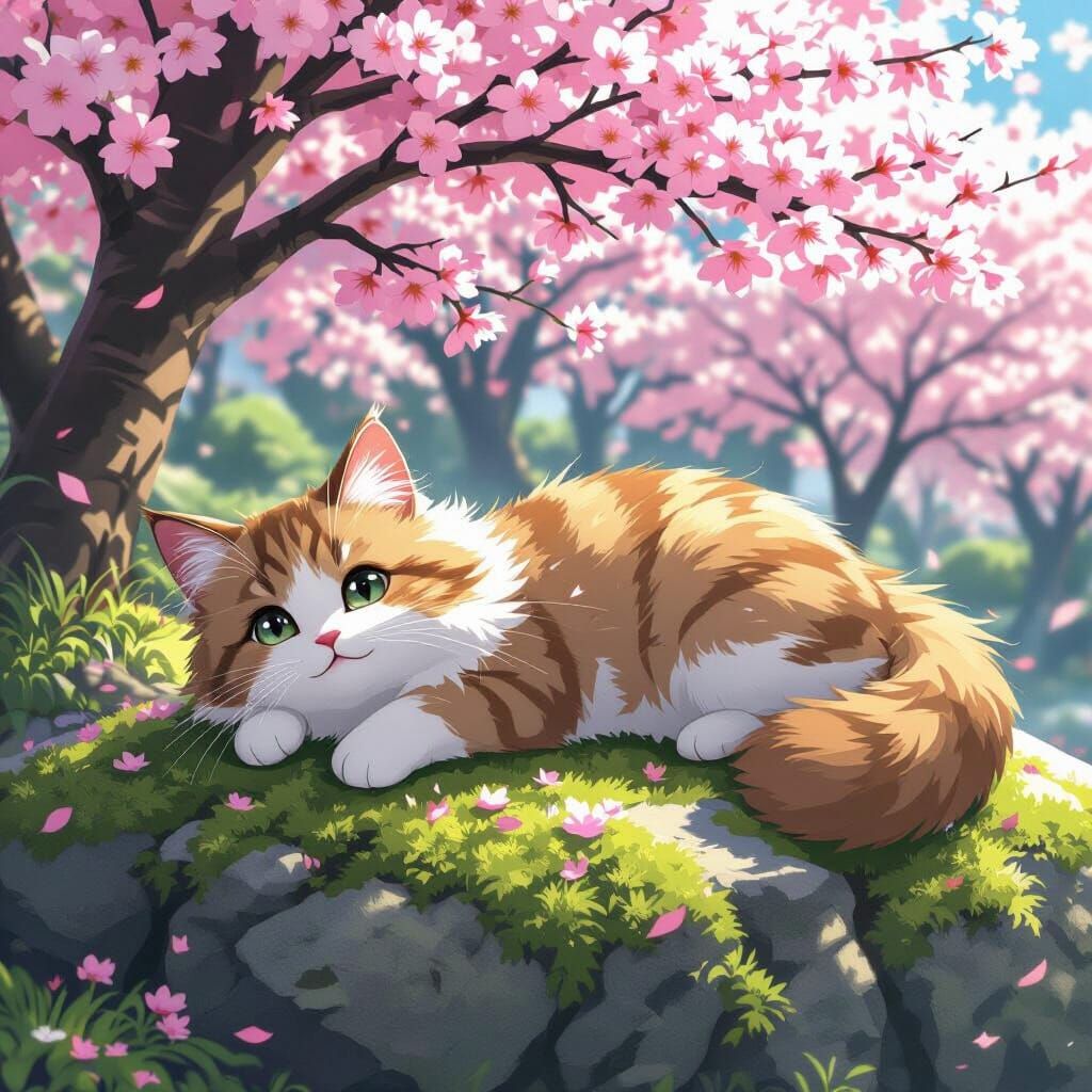 Cute Cat on Mossy Rock with Cherry Blossoms Anime Style