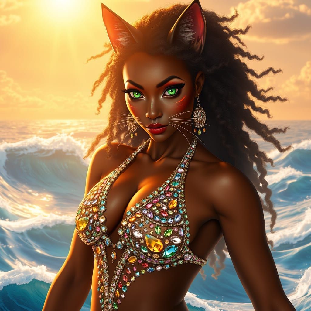African Cat Woman in Vibrant Swimsuit against Sun-Kissed Sea...