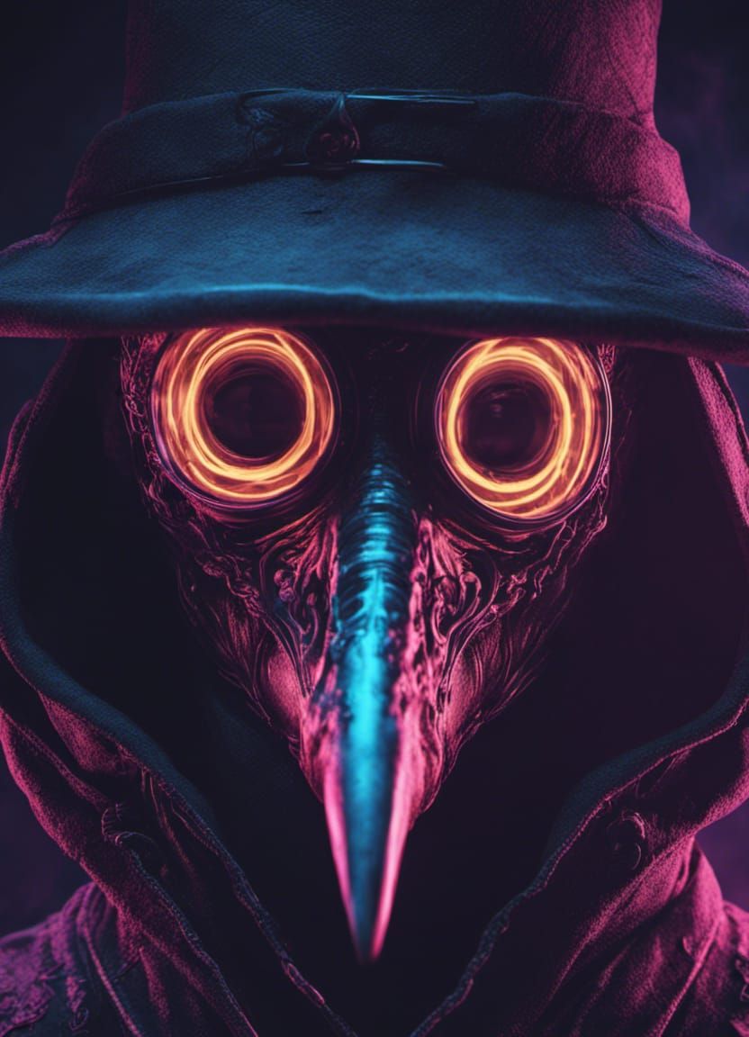Neon Plague Doctor in Cyberpunk Horror Scene