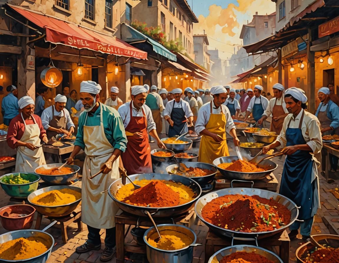 Global Street Food Market in Oil Painting Style