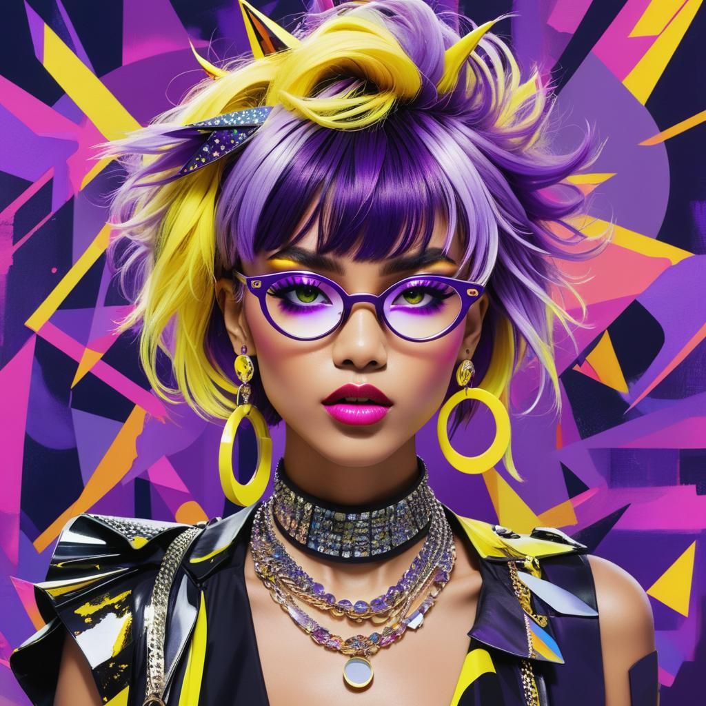 Pop Art Woman with Violet Eye and Neon Hair