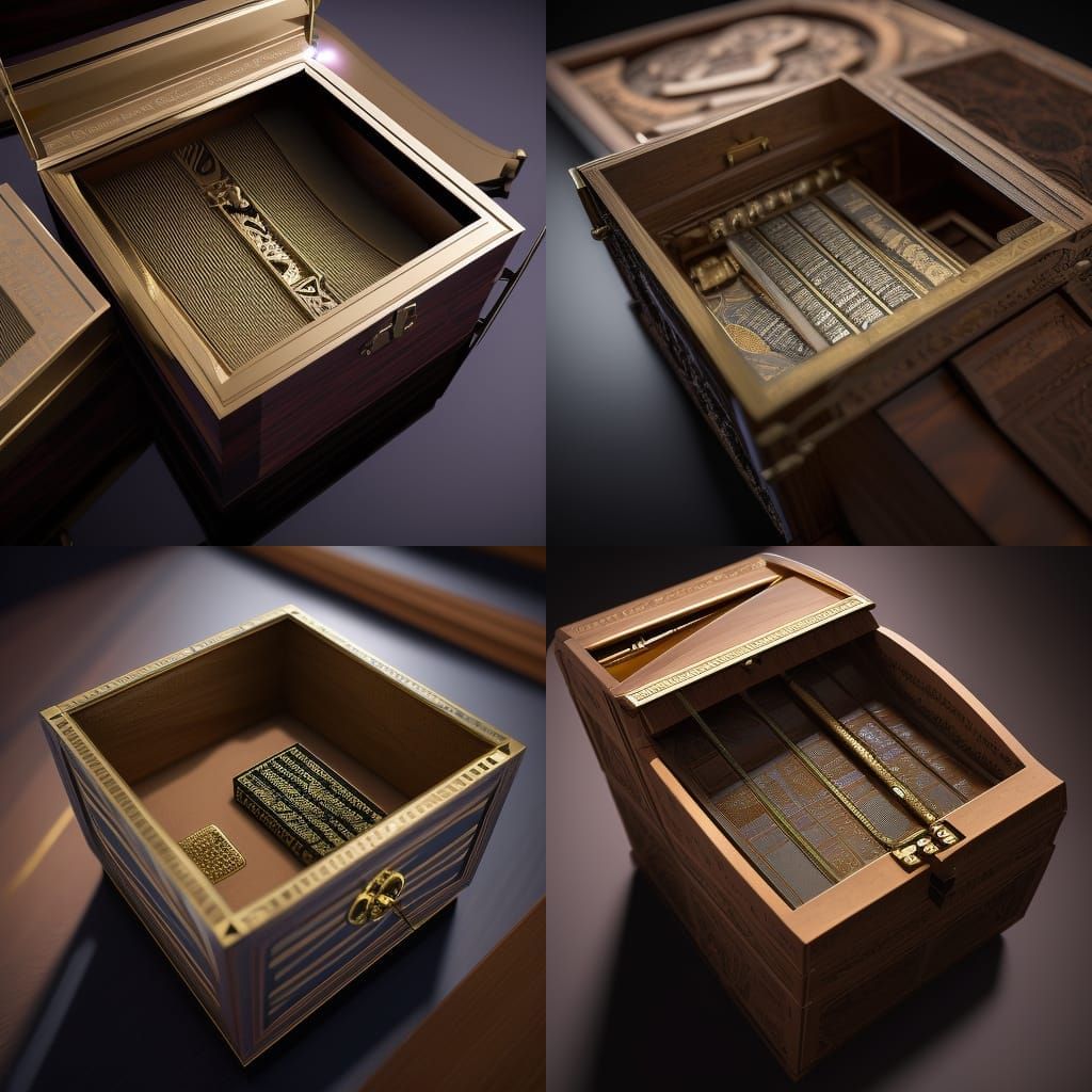 Looking inside at a papyrus note sitting inside an open Da Vinci code timber box