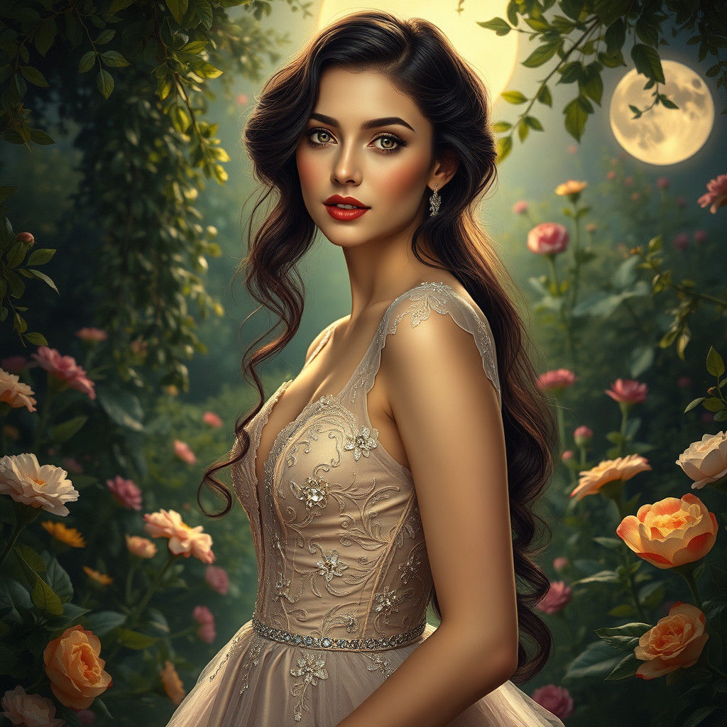 Elegant Woman in Moonlit Garden: Art Nouveau Style