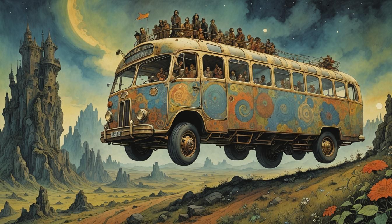 Psychedelic Magic Bus in Dark Fantasy Style