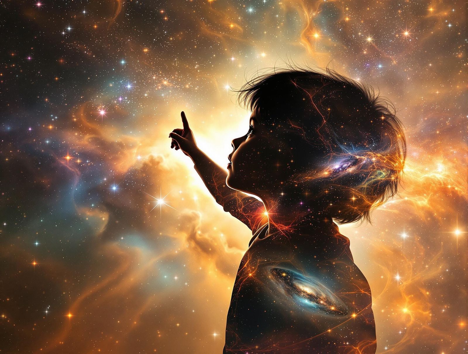Child in Awe Amidst Vibrant Cosmos Galaxy
