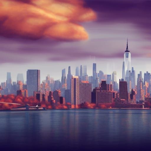 Lofi Autumn New York City Skyline, Detailed Matte Painting