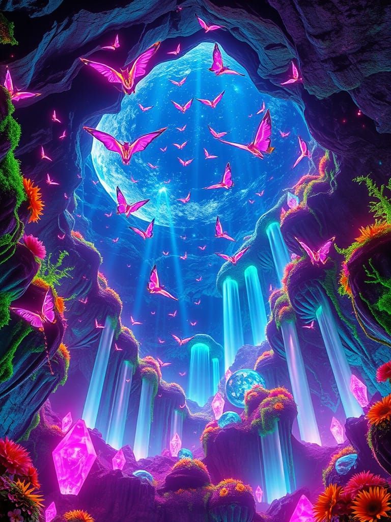 Glowing Space-Moon Caverns in Iridescent Hues