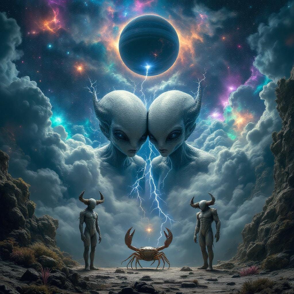 Alien Twins in Surreal Cosmic Scene