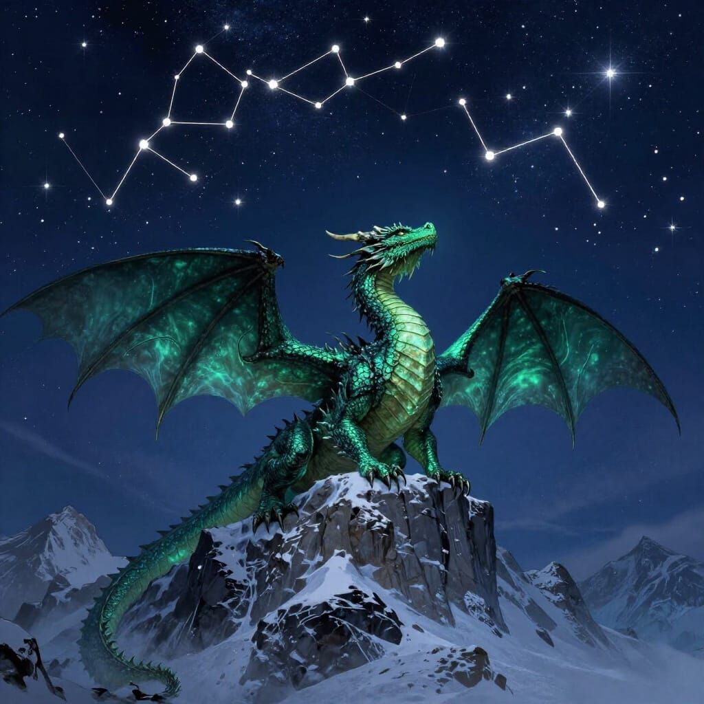 Ancient Dragon Gazes at Constellations on Mountain Peak