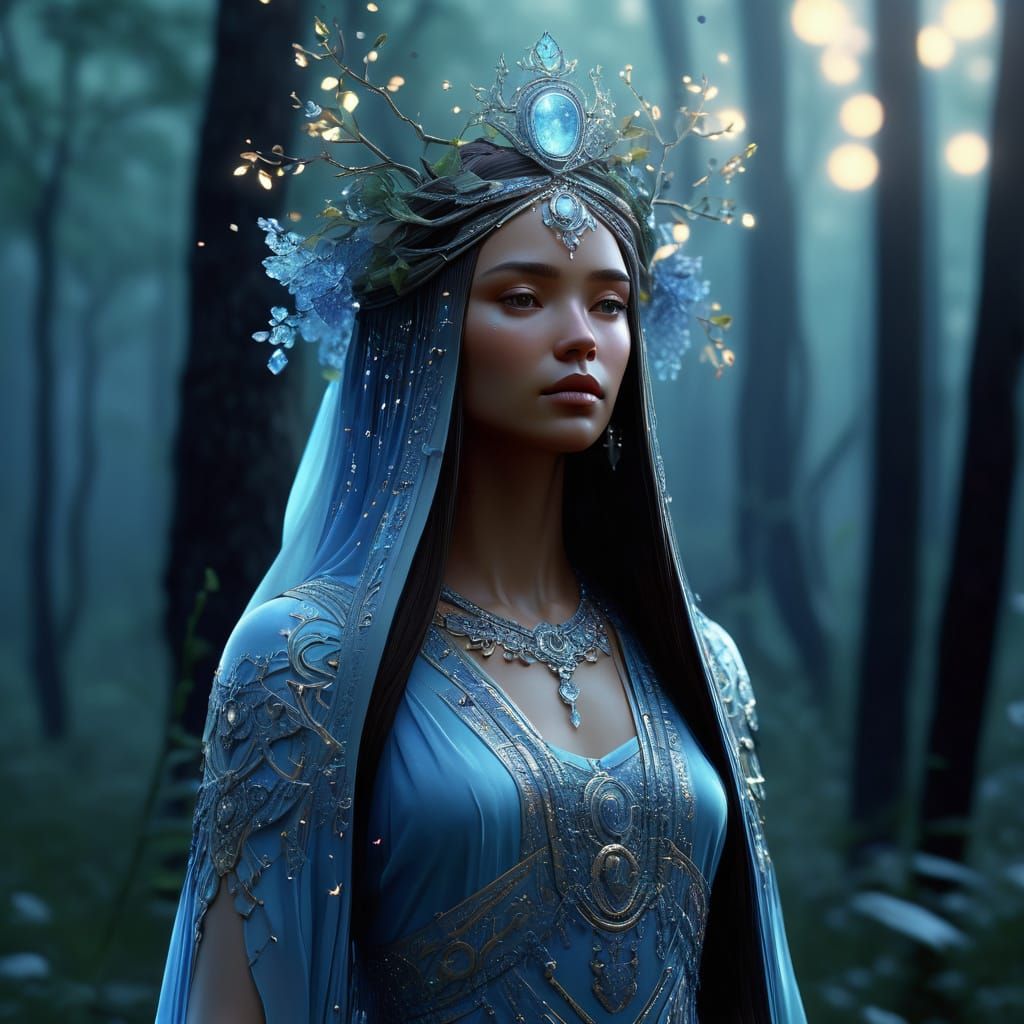 Druid Goddess in Twilight Forest Clearing
