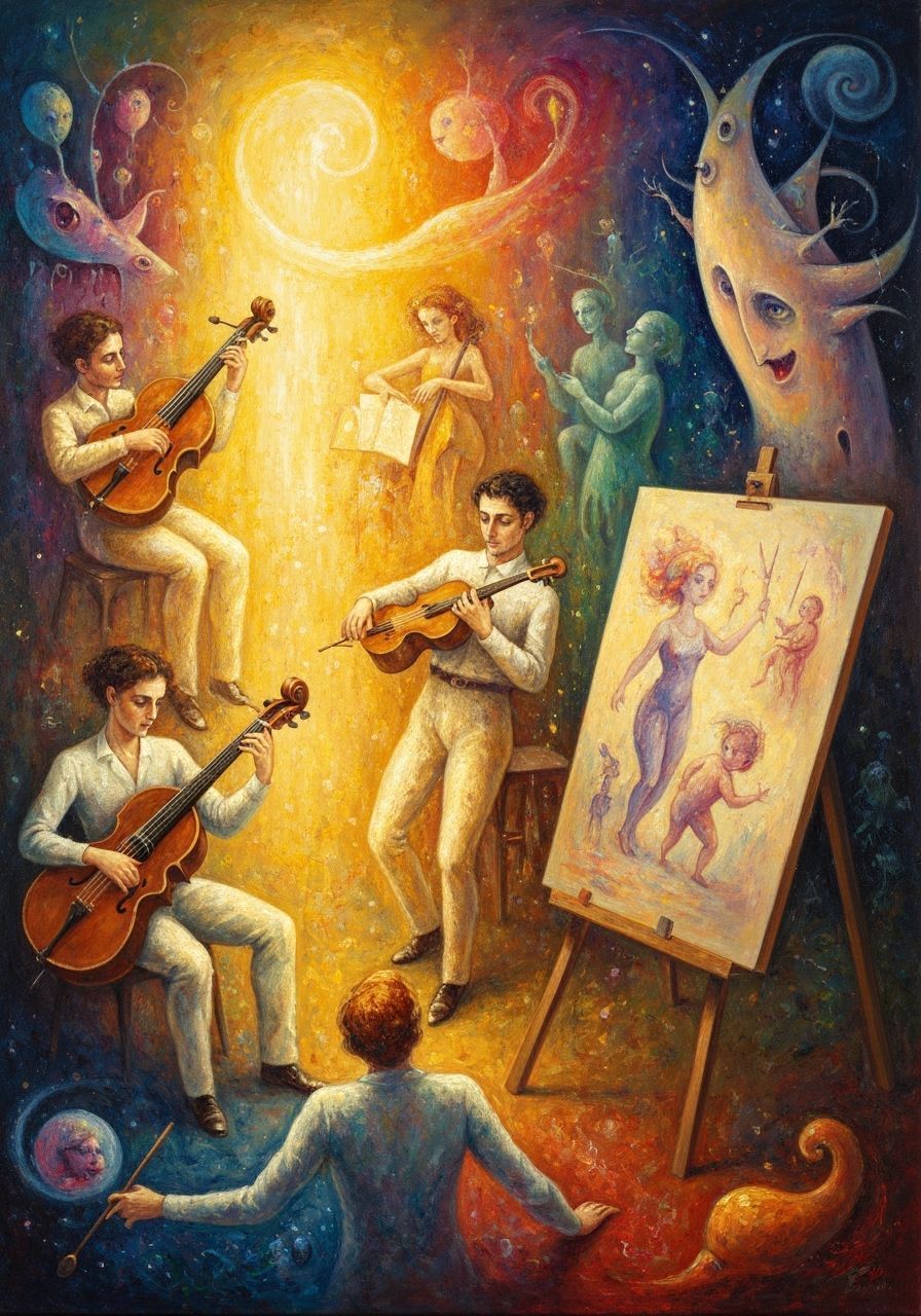 Surrealist Oil Painting of Magical Musicians and Artists