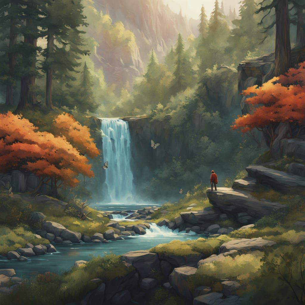 Serene Watercolor Landscape with Gentle Waterfall