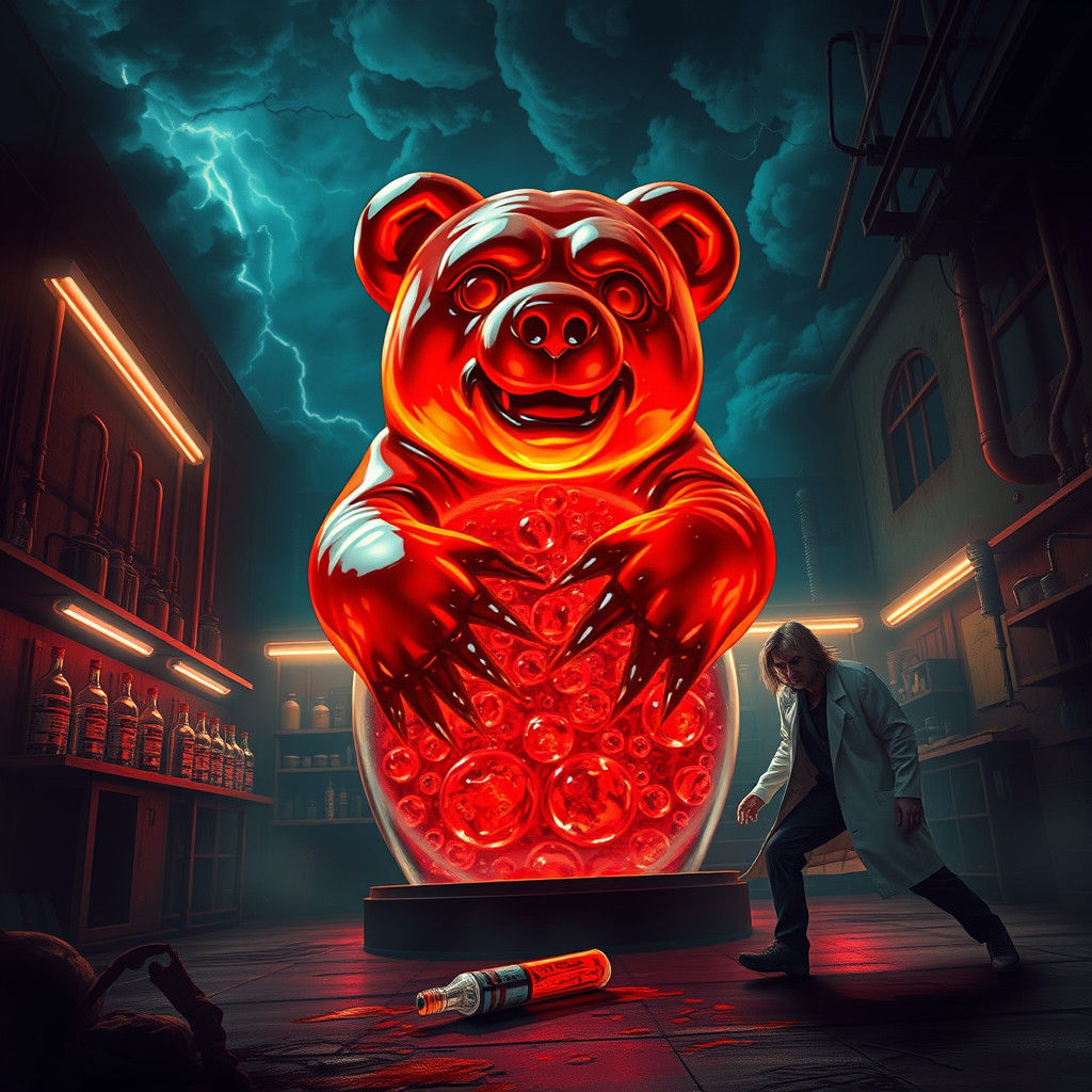 Menacing Gummy Bear Emerges in Stormy Lab