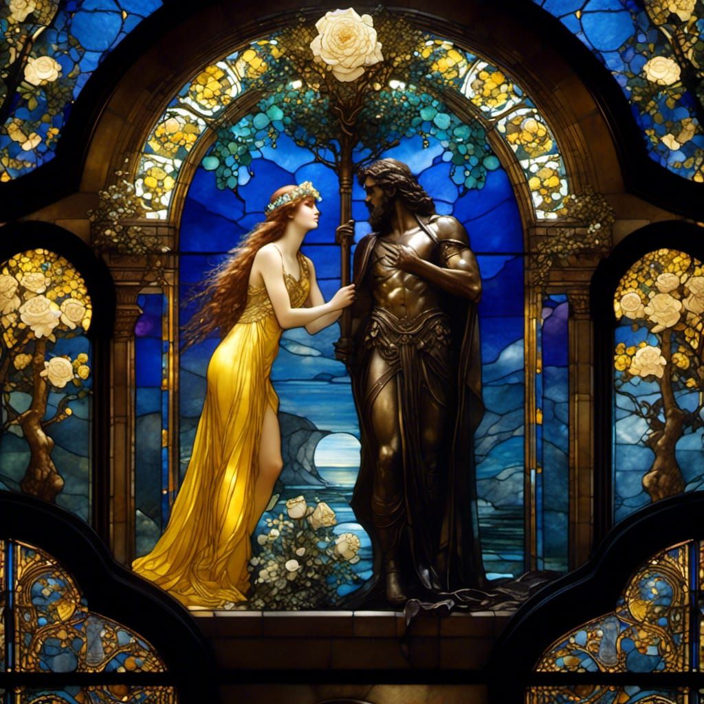 Hades and Persephone Stained Glass Art Deco Window