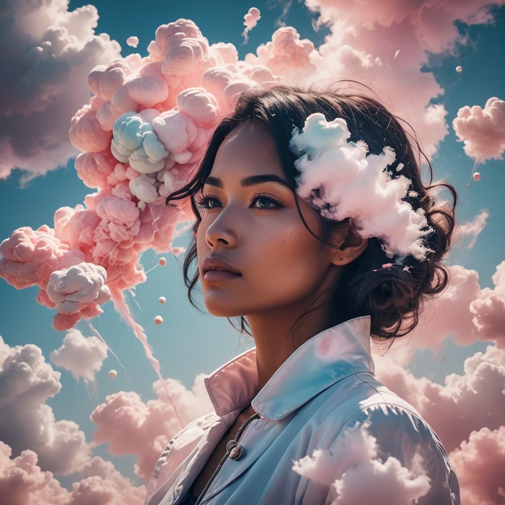 Ethereal Girl Silhouette with Cotton Candy Clouds